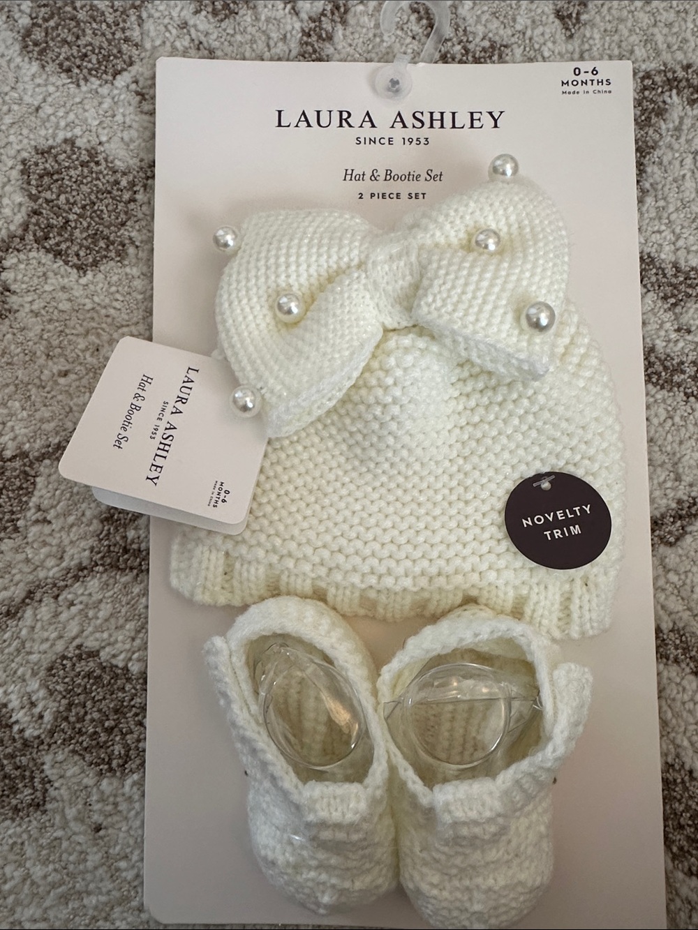 Laura Ashley Cream Knit Hat & Booties Set with Pearl Bow